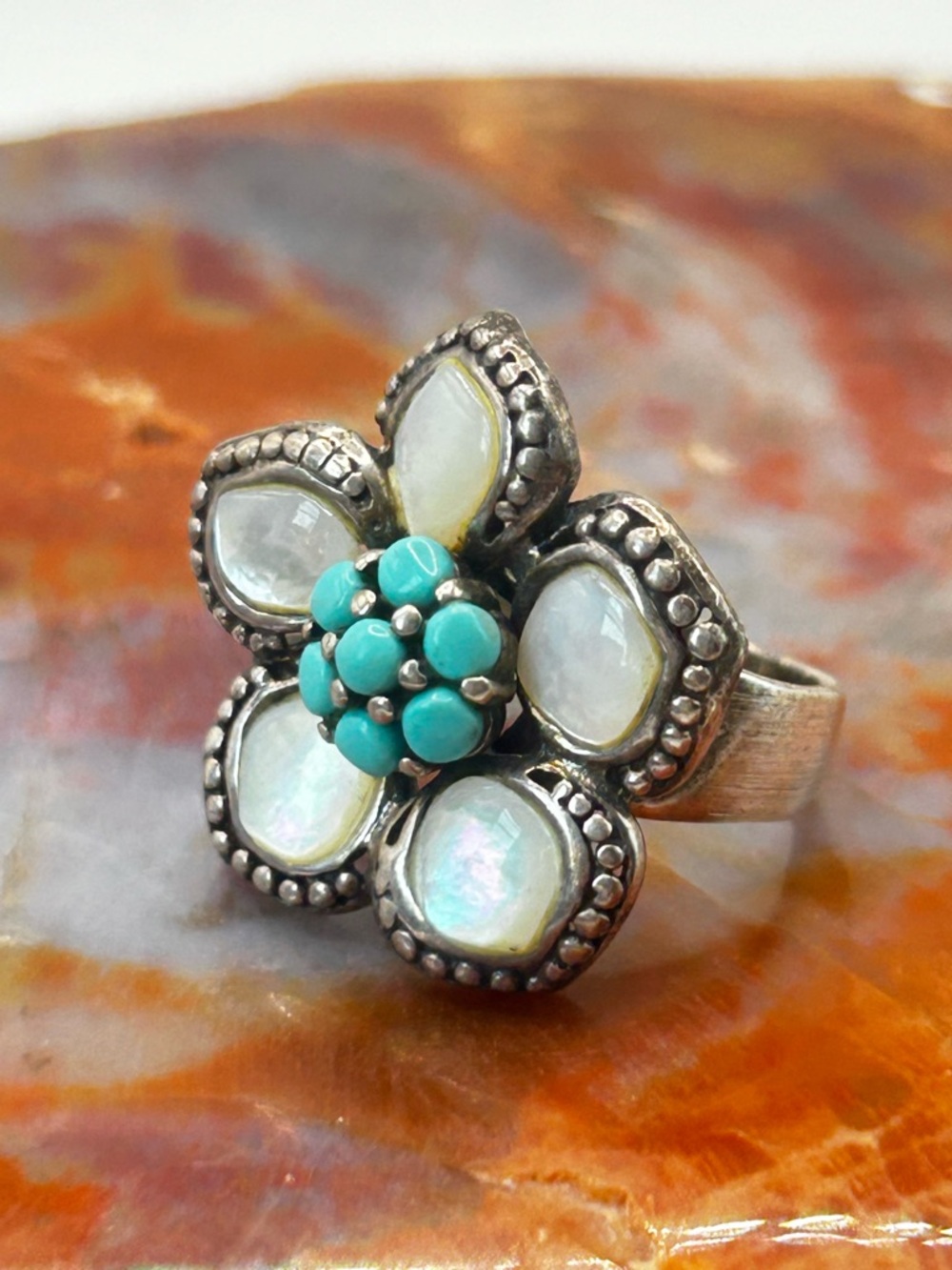 Sterling Silver Turquoise and Shell Flower Ring - Size 6
